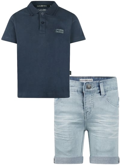 Koko Noko - NOOS-BOYS - Jongens - Biologische katoen - Kledingset - Jeans shorts - Polo Shirt Navy - Maat 92