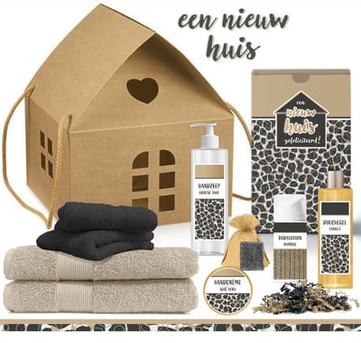 Geschenkset "Een nieuw huis" - 9 Producten - 1200 Gram | Luxe cadeaubox - Nieuwe woning - Wellness Cadeau Man vrouw - Gift Set Deluxe - Verhuisd - Housewarming - Cadeau Pakket - Giftset Samenwonen - Verhuizing - Getrouwd Man Vrouw - Panter Zwart Goud