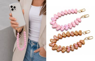 Telefoonkoord Hartjes Set van 2 – Telefoonhanger Smartphone – Roze & Bruin – Kunststof Kralen – Polskoord voor Telefoonhoesje – 32 cm