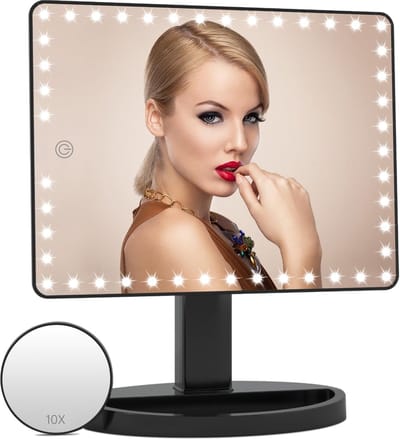 PolkaHome Oplaadbare grote make-upspiegel, 45 led-touchscreen-lampen met afneembare 10-voudige vergroting, 360 graden draaibaar, werkt op batterijen