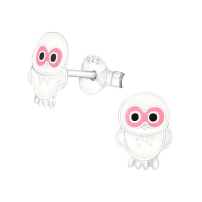 Aramat Jewels | Oorbellen | Zilveren Uiltjes Oorbellen - Wit/Roze Emaille - Cadeau | | | |9mm | Zilver | Kinderen | Verkleurd niet