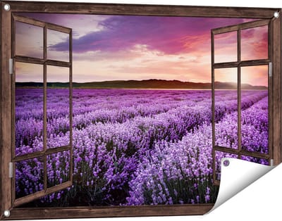 Gards Tuinposter Doorkijk Bloemenveld met Paarse Lavendel - Bloemen - 90x60 cm - Tuindoek - Tuindecoratie - Wanddecoratie buiten - Tuinschilderij