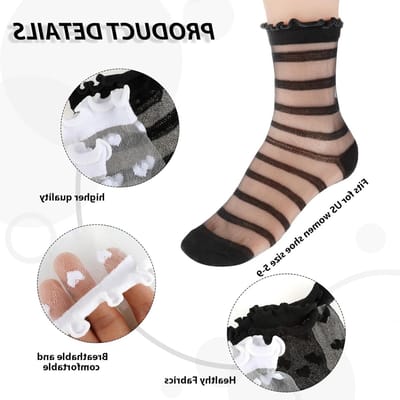 4 Paar Dames Transparante Sokken - Casual Mesh Kousen met Kant - Zomer Ankle Sokken in Zwart en Wit, One Size