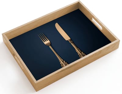 Dienblad hout 40x30 cm - Schootdienblad - Bestek - Donkerblauw - Goud - Borrelplank rechthoek - Plateau dienbladen