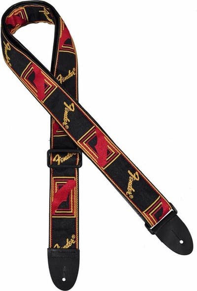 Fender 990681500 gitaarriem, 5cm breed, voorzien van logo, zwart-geel-rood