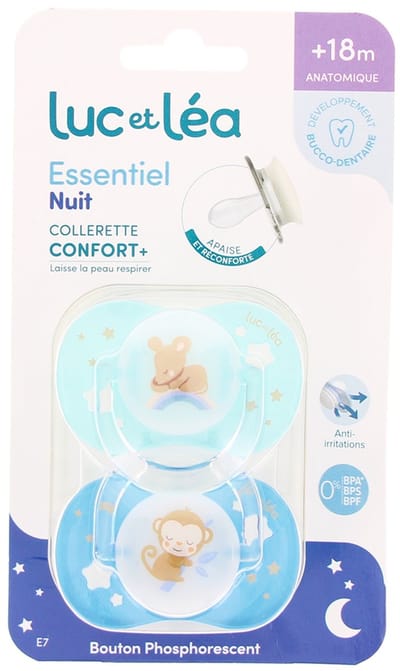 Luc et Léa Essentiel Nuit 2 Anatomische Fopspenen Confort+ Schildje + 18 Maanden (Modellen : Muis en aap)