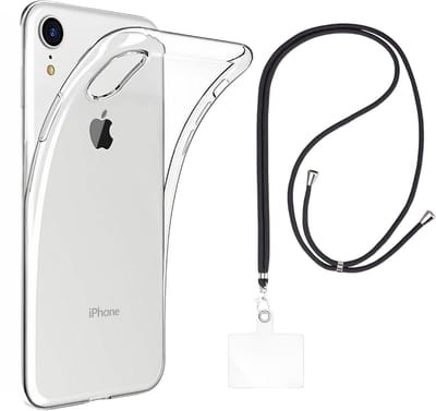 Set met hoesje en nekband voor iphone xr - Flexibele, transparante TPU-bescherming, verstelbare universele nekband voor mobiele telefoons, zwarte nekband, transparante draagriem van Phonillico®
