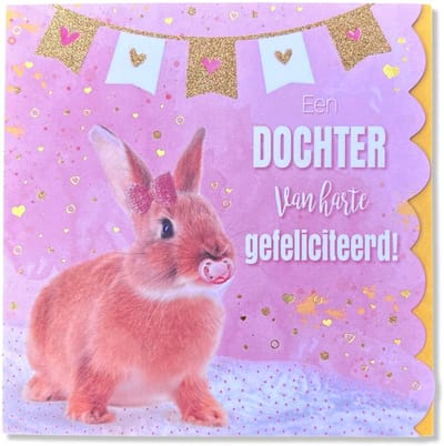 Een Dochter Van Harte Gefeliciteerd Wenskaart - 13x13cm - Luxe Gevouwen vierkante kaart met gekleurde envelop