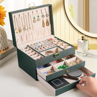 Grote Sieraden Opbergdoos met 3 Lagen en 2 Lades - Sieradendoos met Fluweel Voor Oorbellen & Afsluitbaar