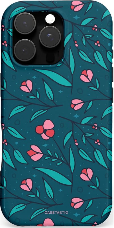Casetastic hoesje geschikt voor Apple iPhone 16 Pro - MagSafe - Dubbellaagse bescherming - Blauwe Groene Bloemenpracht - Fashion Case - Petrol Donkergrijs