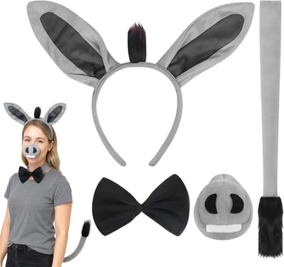 Dierenkostuumaccessoire set met ezelsoren, staart, neus en strik voor Halloween en verkleedpartijen, ideaal voor feestjes en cosplay