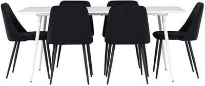 Silar eethoek tafel 90x180cm en 6 velours stoelen wit.