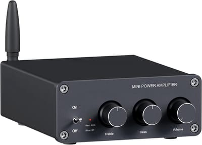 Mini Versterker - Versterker HiFi - voor Passieve Luidsprekers - met Treble - Bass Controle - Bluetooth - 2.0CH - 200W - ‎230V - RCA - 20Hz-20kHz - 98dB - 13.21 x 8.99 x 3.61 cm - Zwart