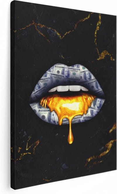 Artaza Canvas Schilderij Geld Lippen - 30x40 cm - Klein - Wanddecoratie Money - Muurdecoratie Pop Art - Schilderijen Op Canvas