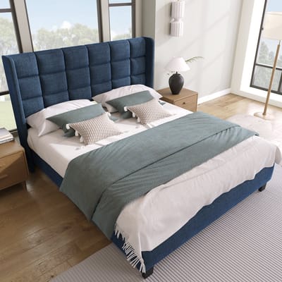 Gutent Gestoffeerd bed, Grijsblauw(Zonder matras), 140x200 cm, Linnen, met Gestoffeerd hoofdbord, Eenpersoonsbed met lattenbodem, medium stevigheid, modern design