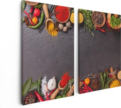 Artaza Canvas Schilderij Tweeluik Verschillende Kruiden Op Een Zwarte Tafel - 80x60 - Foto Op Canvas - Canvas Print