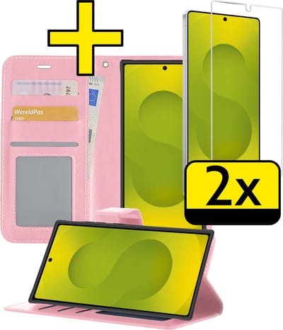 Hoesje - Met 2x Screenprotector - Geschikt voor Samsung Galaxy S25 Ultra - Luxe Pasjeshouder - Bookcase Portemonee - Flip Case - Kunstleer Book Case - Flipcase Hoes - Book Cover - Walletcase - Portemonneehoes - Telefoonhoesjes - Lichtroze