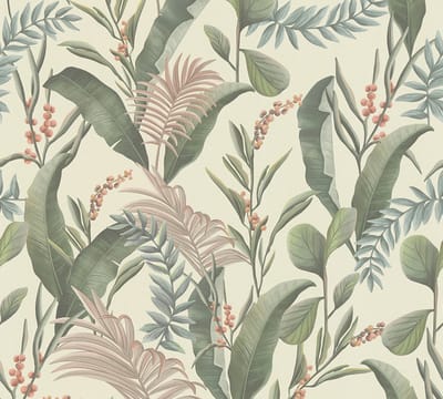 BLADEREN EN BLOEMEN BEHANG | Junglestijl - Crème Groen Beige Roze - Living Walls Drawn Into Nature