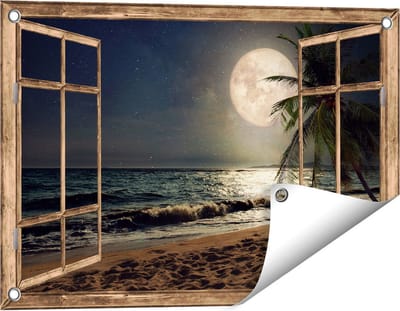 Gards Tuinposter Doorkijk Tropisch Strand in de Nacht met Volle Maan - 60x40 cm - Tuindoek - Tuindecoratie - Wanddecoratie buiten - Tuinschilderij