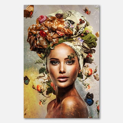 Poster op papier - 40 x 60 cm - Vrouwelijk portret met bloemen en vlinders - PosterJunkie