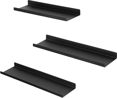 SONGMICS Metalen wandplanken, set van 3, zwevende planken, industriële stijl, voor decoratie, fotolijsten, snuisterijen, 6 schroeven inbegrepen, meerdere indelingen, zwart LFS12BK