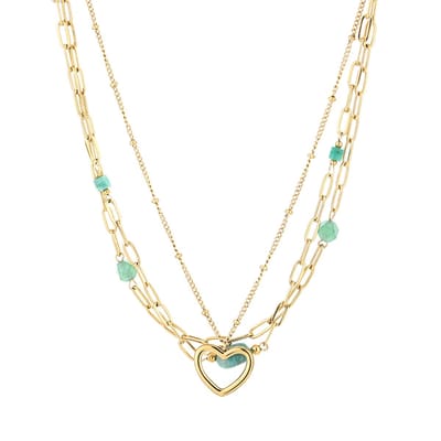 Layered Dames Ketting met Hartje & Natuursteen Lichtgroen – Goudkleurig Stainless Steel – Kleurvast – Verstelbaar 40 + 5 cm