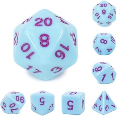 Polyset Dice | Dobbelstenen - Set Van 7 Stuks - Baby Blauw en Paars | Polydice | Voor D&D en Andere Rollenspellen | Plastic Dobbelstenen Set voor Dungeons and Dragons | Polyhedral Dice Set | Met Mooie Zwarte Velvet Dice Bag voor Ongeveer 3 Sets