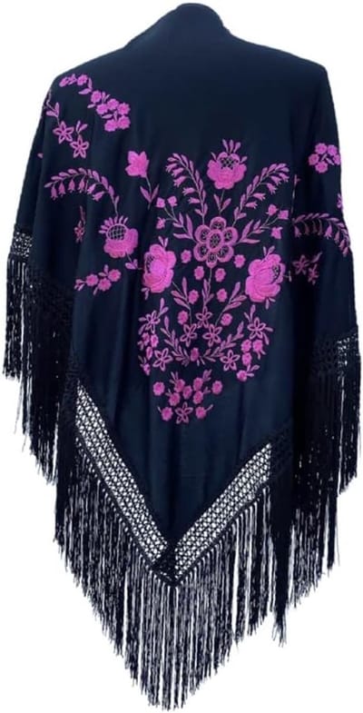 La Señorita - Spaanse manton - omslagdoek – zwart Large met roze bloemen