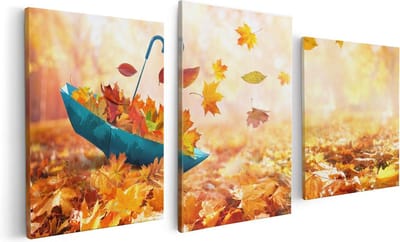 Artaza Canvas Schilderij Drieluik Blauwe Paraplu in de Herfstbos met Bladeren - 120x60 - Foto Op Canvas - Canvas Print
