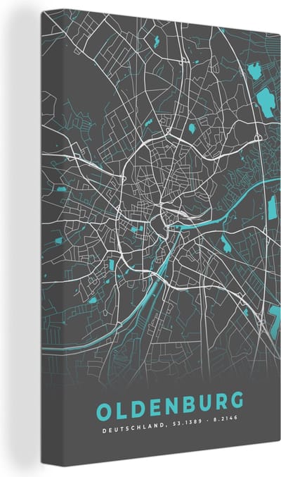 Canvas Schilderij Oldenburg – Stadskaart – Blauw – Plattegrond – Stadskaart – Kaart - Duitsland - 20x30 cm - Wanddecoratie