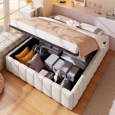 YEHTOKHOME Gestoffeerd bed 140x200 cm - Tweepersoonsbed met hydraulische opbergruimte - Lattenbodem - zonder hoofdeinde - zonder matras - beige linnen
