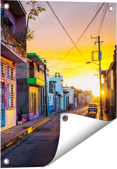 Gards Tuinposter Cuba Kleurrijke Huisjes bij Zonsondergang - 40x50 cm - Tuindoek - Tuindecoratie - Wanddecoratie buiten - Tuinschilderij