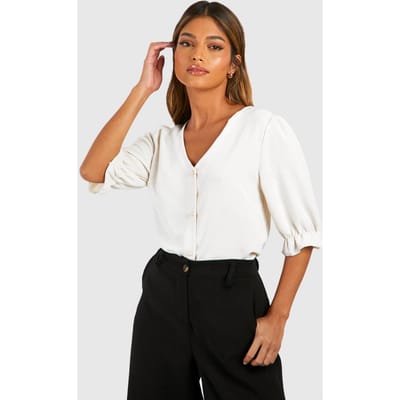 boohoo Dames Gehamerde pofmouwen blouse met knopen aan de voorkant | Creme | Maat: 36