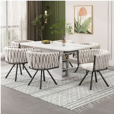 Chaises de salle à manger en lin, ensemble de 6, avec quatre pieds en métal, tissu de lin beige et noir