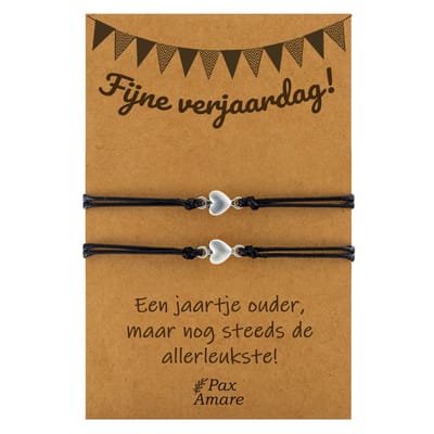 Vriendschapsarmbandjes voor 2 "Fijne Verjaardag" - Kleine Hartjes - BFF Armbandjes met Cadeau Kaartje - Zwart & Zilverkleurig - Elastisch Verstelbaar - Pax Amare