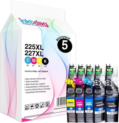 Inktdag inktcartridges voor Brother LC225XL / LC227XL, multipack van 5 stuck (2*BK, 1*C, 1*M en1* Y)