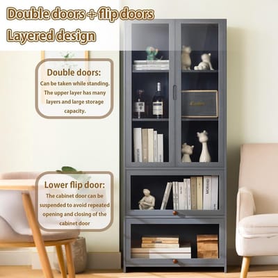 Luna Elegance Vitrinekast met Deuren en Transparante Panelen – Luxe Bruine Boekenkast van Bamboe 80 x 32 x 170 cm voor Woonkamer, Slaapkamer, Kantoor en Hobbyruimte
