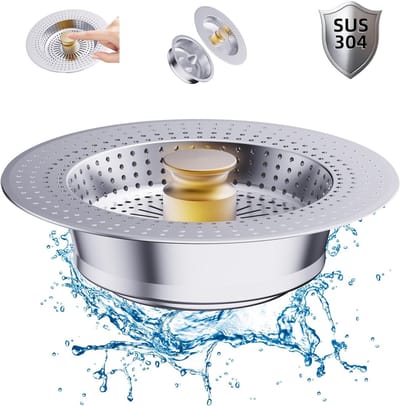Drain Stop - Drain Strainer - Keuken Wastafel - 3-in-1 Pop Up Onderafvoer - RVS Filter voor Standaard Afvoeren - Ideale Bescherming voor Wastafels