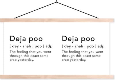Posterhanger incl. Poster 120x60 cm - Schoolplaat - Spreuken - Quotes - The feeling that you went through this exact same crap yesterday - Deja vu - Textielposter - Blanke latten
