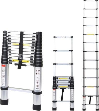 Telescoopladder Aluminium - Uittrekbare Ladder - Werkzaamheden Binnen Buiten - Met Afneembare Haak - 38 Meter - Zilver