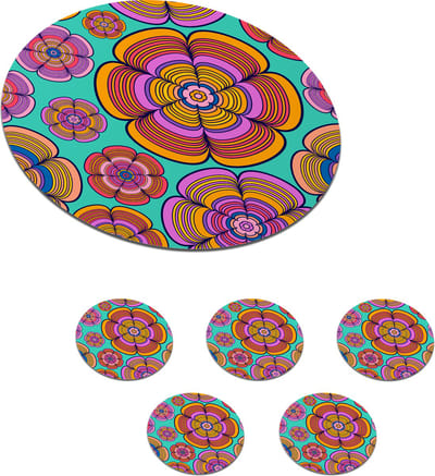 Onderzetters voor glazen - Rond - Design - Flower Power - Kleuren - 10x10 cm - Glasonderzetters - 6 stuks