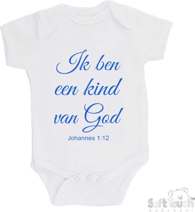 100% katoenen Romper "Ik ben een kind van God Johannes 1:12" Jongens Katoen Wit/blauw Maat 62/68