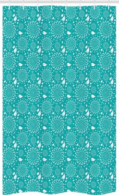 Turkoois smal douchegordijn, Bloeiend Natuur Bladeren Vortex, Badkamerdecoratieset van stof met haken, 120 x 180 cm, Turkoois wit