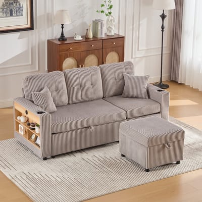 MODENUIT Slaapbank 196 x 82-144 x 85 cm - Uittrekbaar, Opbergruimte En USB-C - Woonkamer - Corduroy - Lichtgrijs