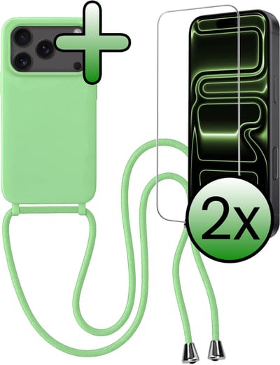 Hoes Geschikt voor iPhone 17 Pro / 18 Pro Hoesje Met Koord Met 2x Screenprotector - Telefoonhoesje Geschikt voor iPhone 17 Pro / 18 Pro Backcover Met Afneembaar Koord - Groen