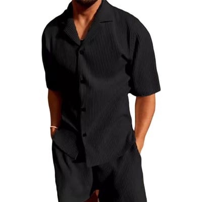 Ensemble de 2 pièces pour homme, chemise à revers, manches courtes, simple boutonnage, taille élastique, poches, short à jambes larges, tenue à texture gaufrée S noir