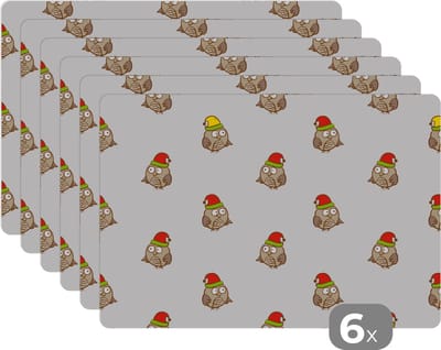 Placemat - Placemats kunststof - Uil - Kerstmuts - Cartoon - Kind - Design - 45x30 cm - 6 stuks - Hittebestendig - Anti-Slip - Onderlegger - Afneembaar