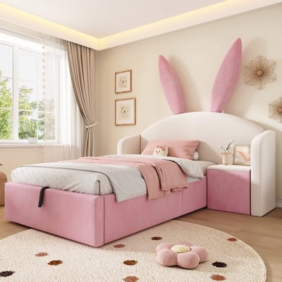 MODFU - Kinderbed - Gestoffeerd Hoofdbord Met Opbergruimte En Verplaatsbaar Nachtkastje - Konijnenoren - Fluweel - Beige En Roze - 90x190 Cm