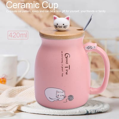1 Stuk Mooie Kat Keramische Kop met Lepel en Deksel Koffie Water Melk Mok voor Drinkware Cadeau Type 1 beige