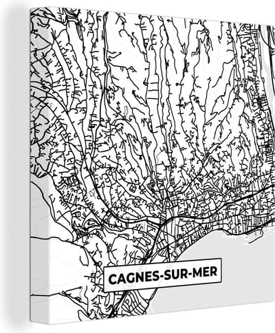 Canvas Schilderij Stadskaart - Frankrijk - Kaart - Cagnes-sur-Mer - Plattegrond - Zwart wit - 20x20 cm - Wanddecoratie